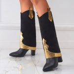 Vanessas Gold Snake Print Women's Long Knee High Boots - Chunky Heel Pointed Toe Chelsea Booties