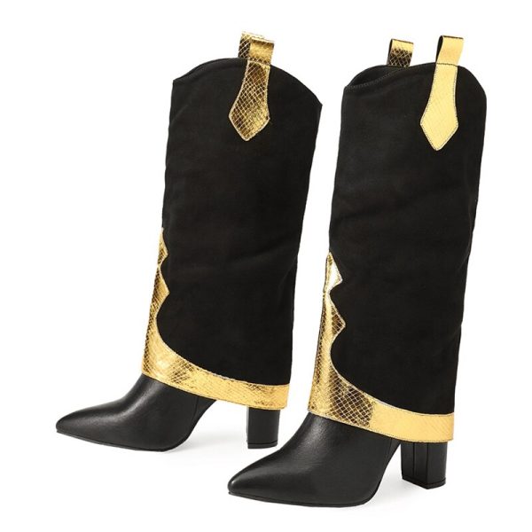 Vanessas Gold Snake Print Women's Long Knee High Boots - Chunky Heel Pointed Toe Chelsea Booties