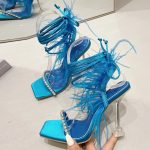 Vanessas Fuzzy Feather Summer Transparent High Heels - Crystal Womens Sandals for Party Banquet