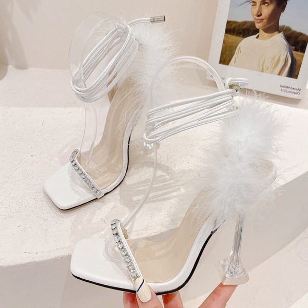 Vanessas Fuzzy Feather Summer Transparent High Heels - Crystal Womens Sandals for Party Banquet