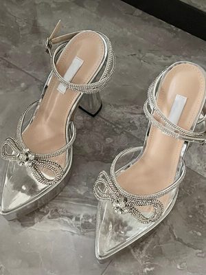 Vanessas Crystal Butterfly-knot Pointed Toe High Heels for Women - PVC Transparent Chunky Party Prom Shoes