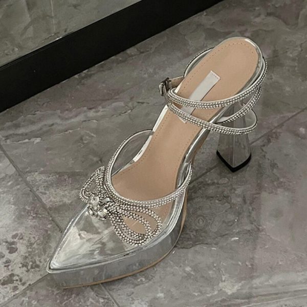 Vanessas Crystal Butterfly-knot Pointed Toe High Heels for Women - PVC Transparent Chunky Party Prom Shoes