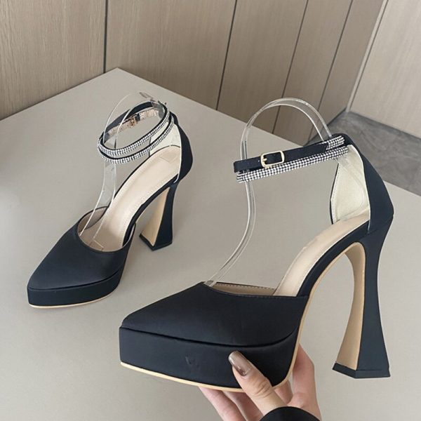 Vanessas Crystal Ankle Strap High Heels for Women - Solid Silk Pointed Toe Party Pumps