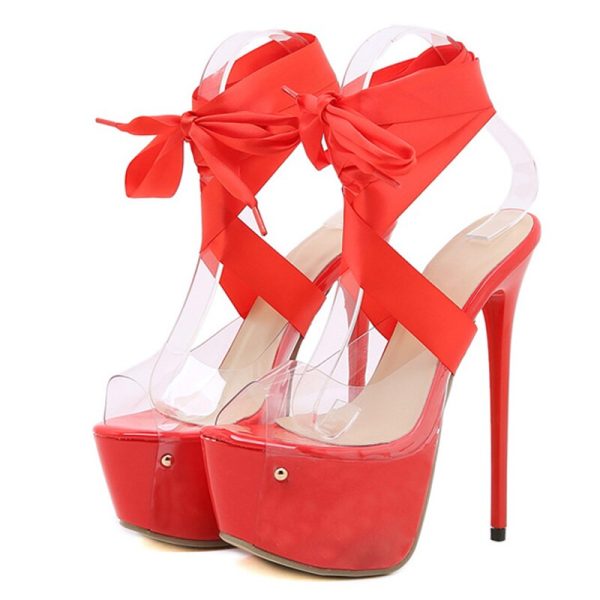 Vanessas Red Thigh High Lace-Up Platform Sandals for Women with 16.5 CM Transparent Shoes, Perfect for Stiletto Peep Toe Nightclub Stripper Heels