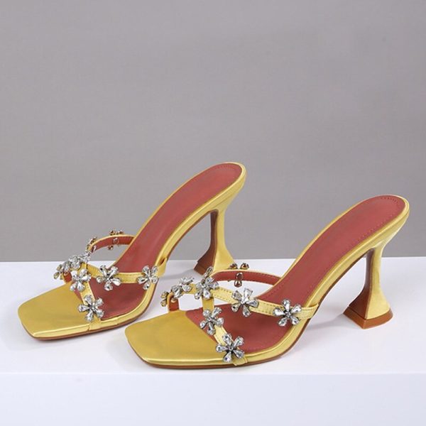 Vanessas Summer Yellow/Orange High Heel Slippers for Women - Designer Crystal Flower Sandals