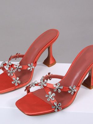 Vanessas Summer Yellow/Orange High Heel Slippers for Women - Designer Crystal Flower Sandals