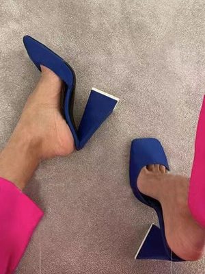 Vanessas Blue Triangle High Heels Mules for Women - Runway Square Toe Slip-On Sandals