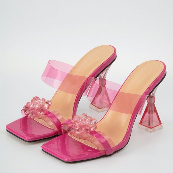 Vanessas Women's Transparent Flower High Heel Slippers - Fashion Crystal Mule Sandals