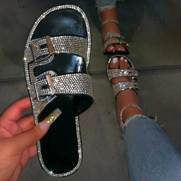 Vanessas Women Glitter Slippers Double Buckle Soft Bling Shoes Beach Slipper