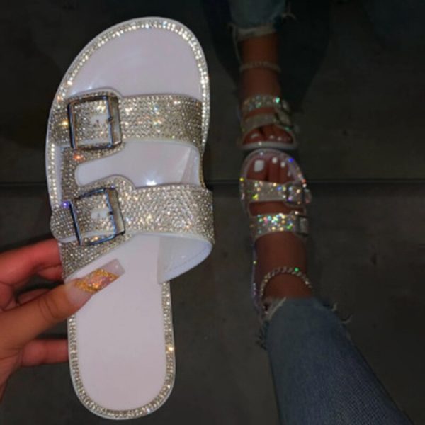 Vanessas Women Glitter Slippers Double Buckle Soft Bling Shoes Beach Slipper