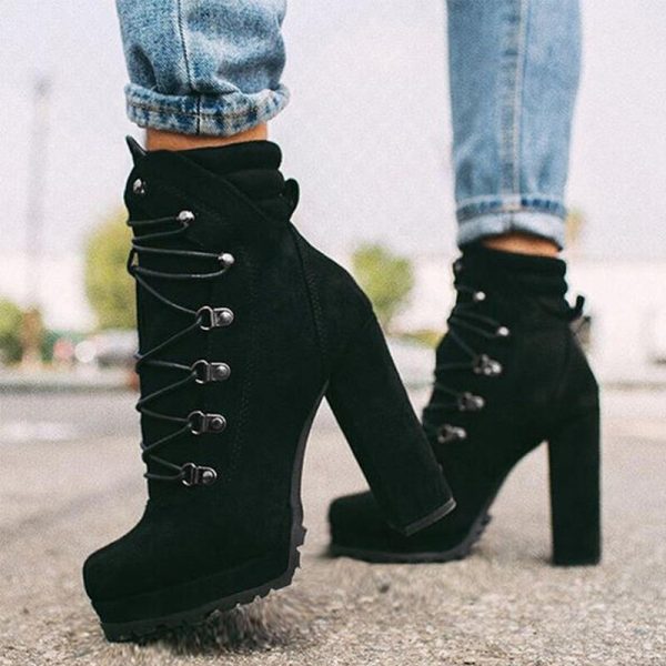 Vanessas Women's Flock Ankle Boots with Lace Up and High Heels for Fashionable Autumn Wear