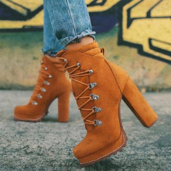 Vanessas Women's Flock Ankle Boots with Lace Up and High Heels for Fashionable Autumn Wear