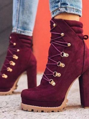 Vanessas Women's Flock Ankle Boots with Lace Up and High Heels for Fashionable Autumn Wear