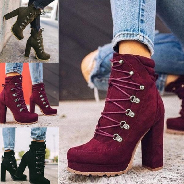 Vanessas Women's Flock Ankle Boots with Lace Up and High Heels for Fashionable Autumn Wear