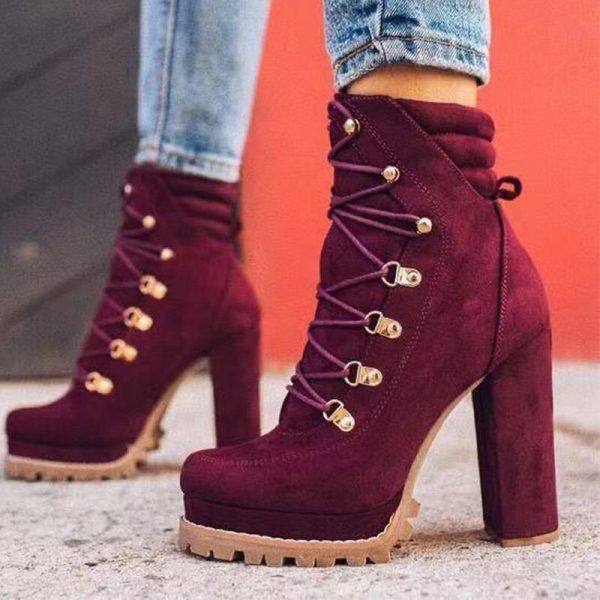 Vanessas Women's Flock Ankle Boots with Lace Up and High Heels for Fashionable Autumn Wear