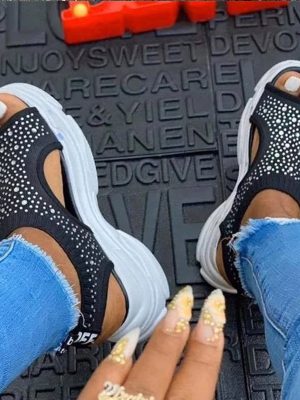 Vanessas Woman Casual Summer Peep Toe Platform Ladies Rhinestone Slip On Sandals