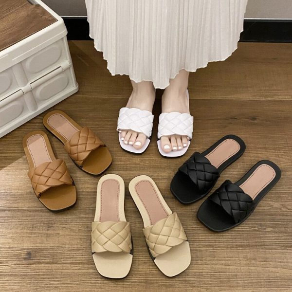 Vanessas Slippers Women Summer Square Toe Weave Ladies Flat Shoes Fashion Causal Comfortable Slipper