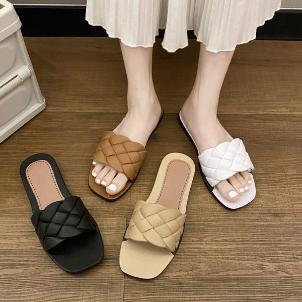 Vanessas Slippers Women Summer Square Toe Weave Ladies Flat Shoes Fashion Causal Comfortable Slipper