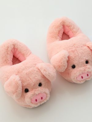 Vanessas Winter Women's Warm Plush Slippers Ladies Fashion Pink Pig Flat