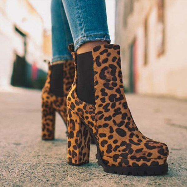 Vanessas Women Ankle Boots Flock Leopard Slip On Short Boots