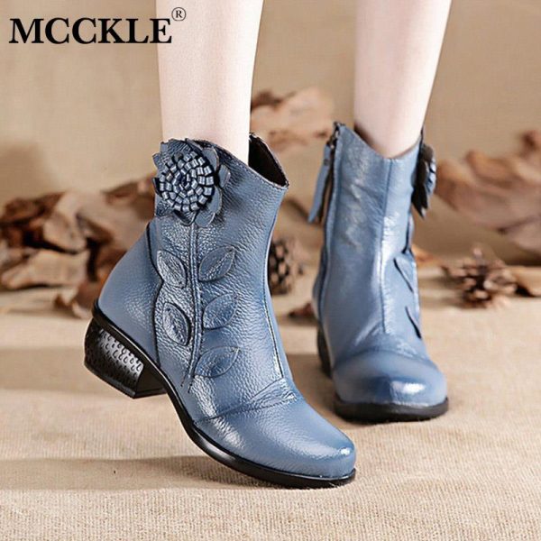 Vanessas Women Ankle Boots Flower Women's Boots Woman Genuine Leather Ladies Boots
