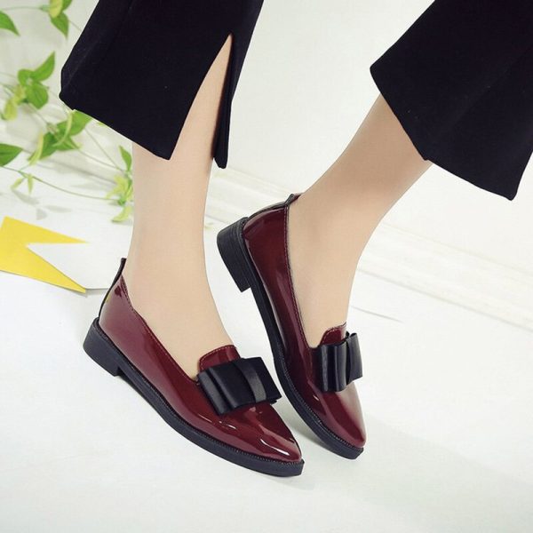 Vanessas Women Autumn Shoes Bowtie Patent Leather Flats Low Heels Slip on Footwear