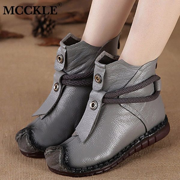 Vanessas Women PU Leather Ankle Boots Flats Pleated Ladies Boots