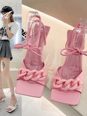 Women's Ankle Strap Square Toe High Heel Sandals with Chain Accent for Summer Party Wear