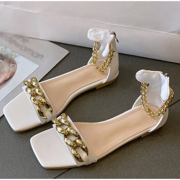 Women's Ankle Strap Square Toe High Heel Sandals with Chain Accent for Summer Party Wear