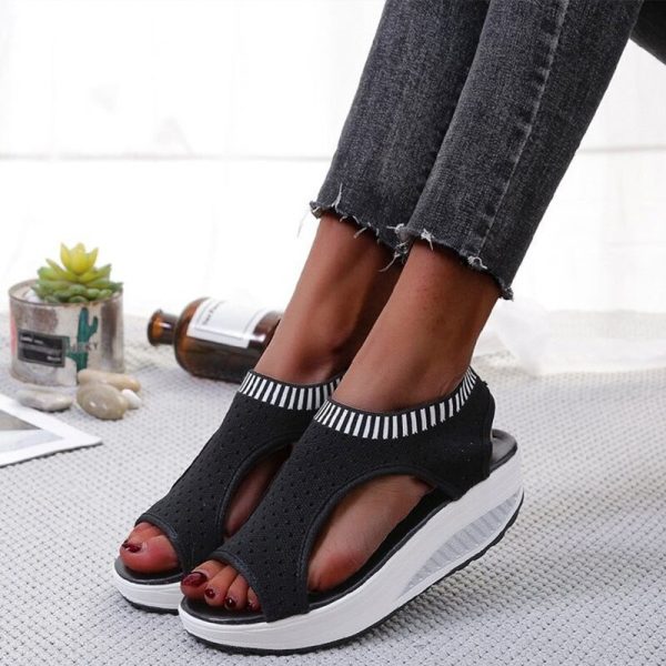 Vanessas Women Sandals Wedges Slip On Knitting Ladies Peep Toe Casual Summer Sandals