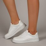 Vanessas Women Sneakers White Vulcanized Shoes PU Leather Lace Up Sneakers