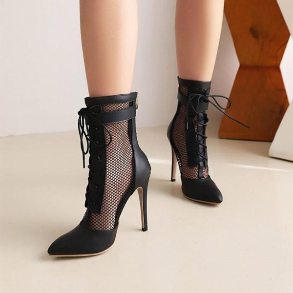 Vanessas Women's Pointed Toe Lace-Up High Heel Ankle Boots - Summer Mesh Fashion Sandals