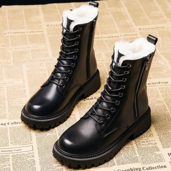 Vanessas Winter Leather Women's Boots with Warm Plush Lining, Fashion Lace-Up Design, and Platform Soles for Ladies