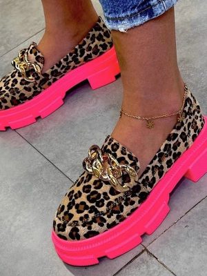 Vanessas Women's Loafers Metal Chain Leopard Ladies Flat Shoes Slip-on Woman Canvas Vulcanized Shoes