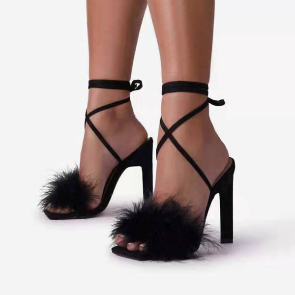 Vanessas Summer High Heel Sandals for Women with Furry Square Toe and Lace-Up Ankle Strap