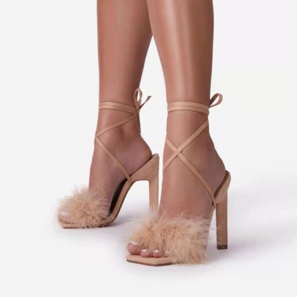 Vanessas Summer High Heel Sandals for Women with Furry Square Toe and Lace-Up Ankle Strap