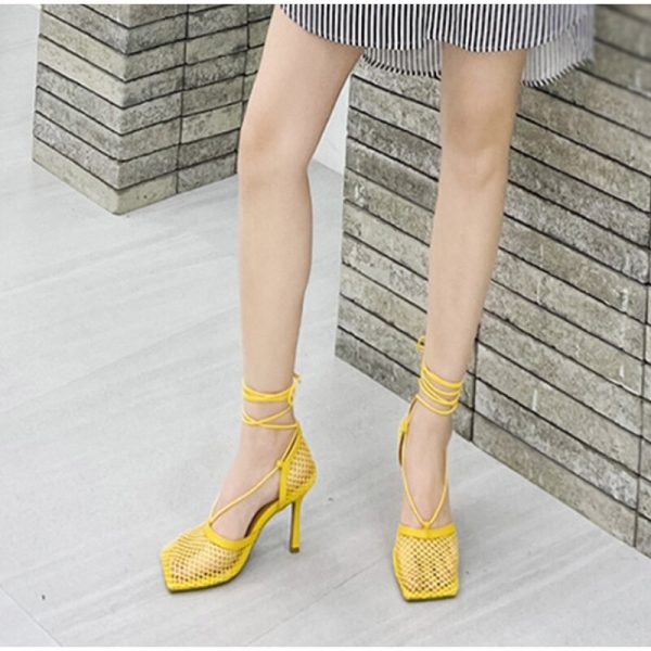 Vanessas Women's Sandals Square Toe Hollow Mesh Ladies Ankle-strap High Heels