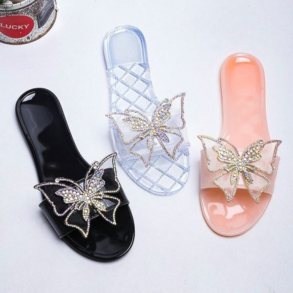 Women's Summer PVC Transparent Flat Slippers with Bow Tie and Non-Slip Feature