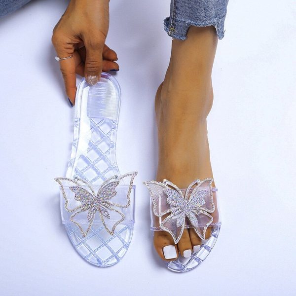 Women's Summer PVC Transparent Flat Slippers with Bow Tie and Non-Slip Feature