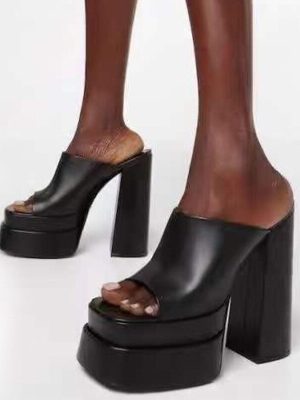 Vanessas Women Slippers Summer High Heels Square Toe Platform Sandals