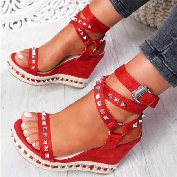 Vanessas Women Wedges Sandals Rivet Weave Ankle Strap Sandals