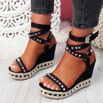 Vanessas Women Wedges Sandals Rivet Weave Ankle Strap Sandals