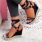 Vanessas Women Wedges Sandals Rivet Weave Ankle Strap Sandals