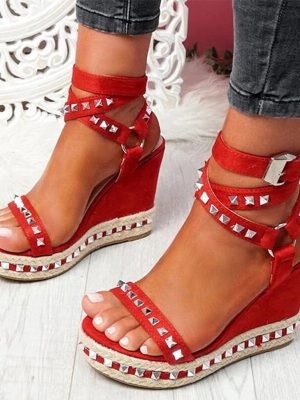 Vanessas Women Wedges Sandals Rivet Weave Ankle Strap Sandals