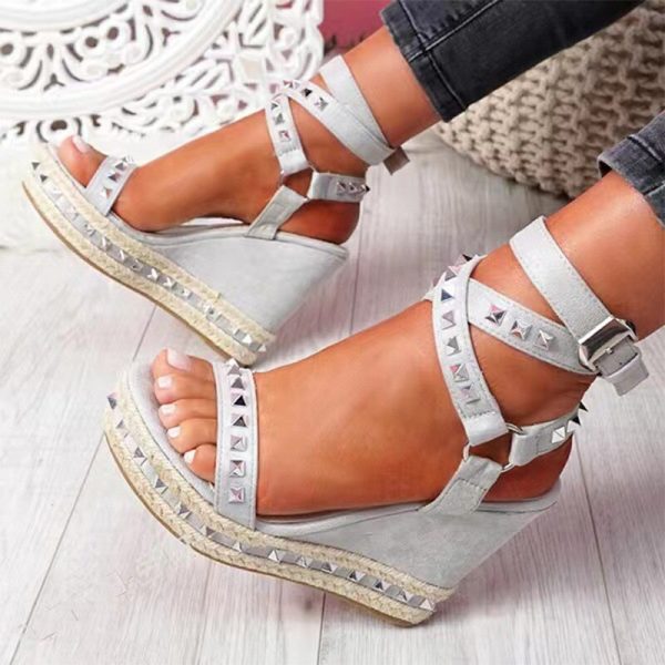 Vanessas Women Wedges Sandals Rivet Weave Ankle Strap Sandals