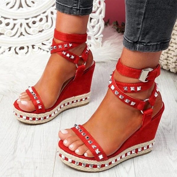 Vanessas Women Wedges Sandals Rivet Weave Ankle Strap Sandals