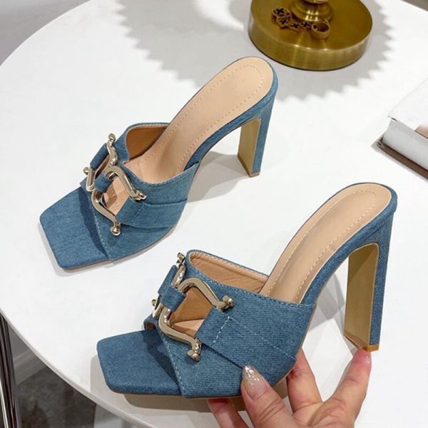 New Blue Denim Slippers Women Outdoor Mules High Heels