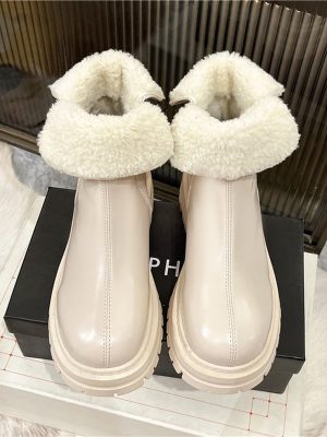 New Women's Snow Boots Ladies PU Leather Warm Plush Cotton Shoes
