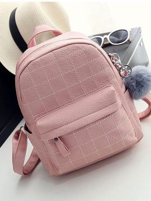 Vanessa's Pink Plaid Fur Ball PU Leather Backpack