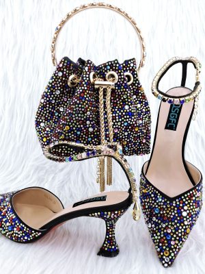 Vanessas Italian Design Girly Style Shoes And Bag, Full Diamond Decoration Metal Closure Bag